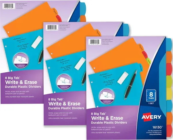 Avery Big Tab Write & Erase Durable Plastic Dividers, 8-Tab Set, Multicolor Brights, 3 Sets (21210)