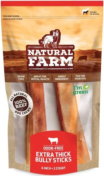 Natural Farm Bully Sticks, Odor-Free, 6-Inch Long, Packaged by Weight: 6 Ounces (0.38 lbs) - 100% Beef Chews, Grass-Fed, Fully Digestible Treats to