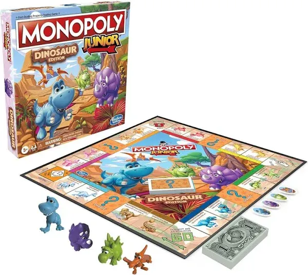 Hasbro Gaming Monopoly Junior Dinosaur Edition Board Game, 2-4 Players, with Dino-Themed Toy Tokens, Ages 5+ (Amazon Exclusive)