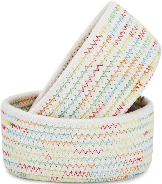 【2 Pack】ABenkle Small Woven Baskets, Tiny Oval Shallow Storage Baskets, Mini Cotton Rope Empty Decorative Basket, Boho Little Organizer Bins for Bathroom, Cat Dog Toy Gifts Baskets