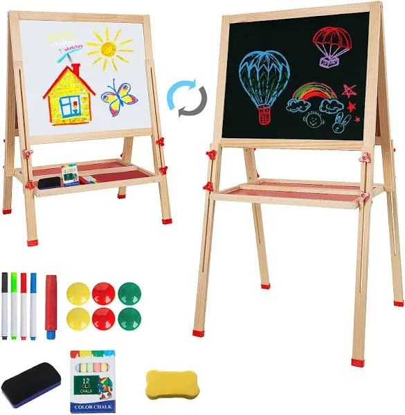 Adjustable Wooden Easel for Kids, Foldable Standing Art Easel for 3, 4, Compact