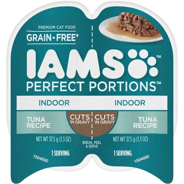 Iams Perfect Portions Indoor Adult Grain Free Wet Cat Food Cuts in Gravy, Tuna Recipe, 2.6 oz. Easy Peel Twin-Pack Trays (24 Count, 48 Servings)