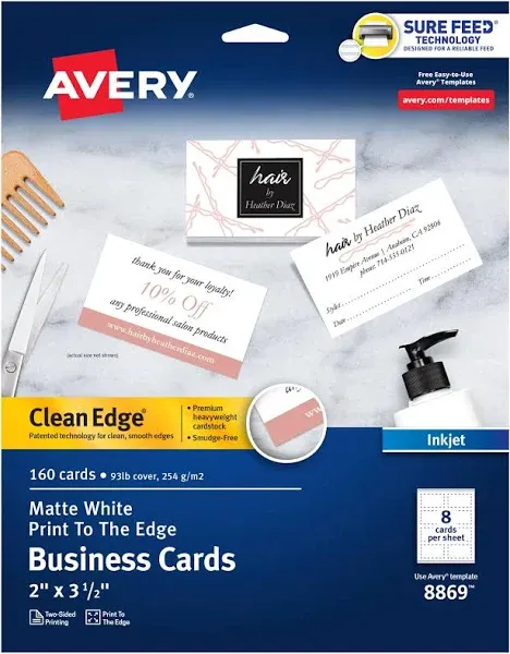 Avery 8869 Inkjet Matte Business Cards, 2 x 3 1/2, White, 8/Sheet, 160/Pack