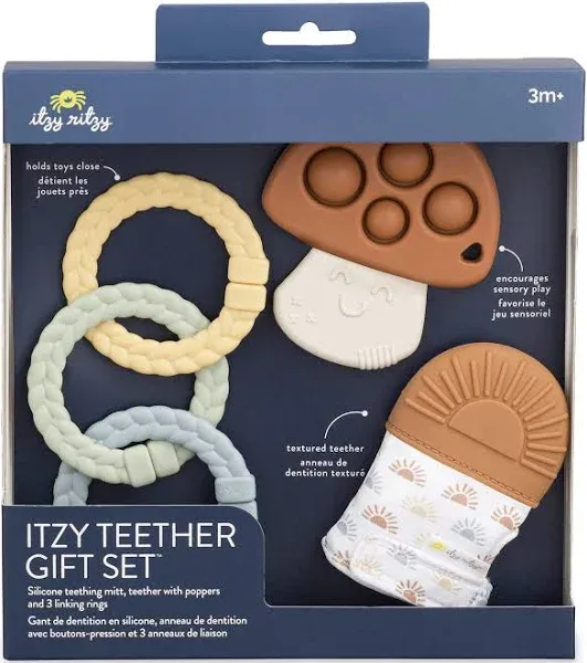 Itzy Ritzy Teething Toy Gift Set - Includes 1 Teething Mitt with Crinkle Sounds, 1 Sensory Popper Toy & 3 Textured Linking Rings - Ideal for Sensory Play, Soothing Relief and Engaging Baby