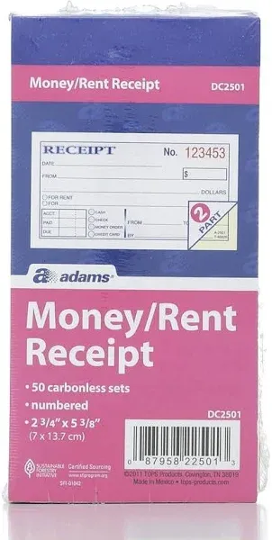 Adams Money and Rent Receipt, 2-3/4 x 5-3/8 Inches, 2-Parts, Carbonless, White/C