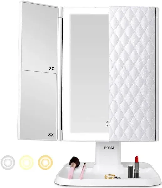 Makeup Mirror Vanity with Lights - 3 Color Lighting Modes 72 LED Trifold Mirror, 1x/2x/3x Magnification, Touch Control Design, Portable High Definition Cosmetic Lighted Up White (JING-007)