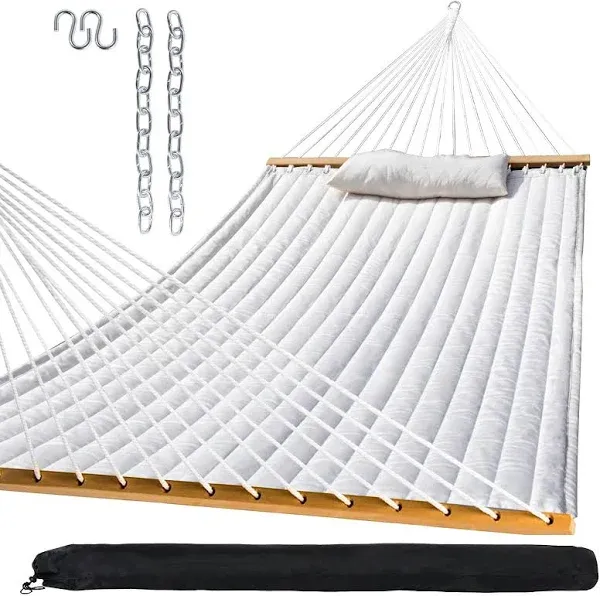  Outdoor Quilted Fabric Hammock with Spreader Bars and Detachable Pillow Cream