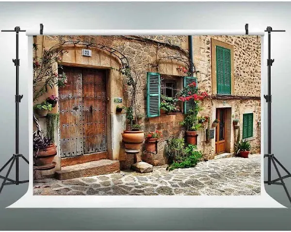 EOALOR 7W x5H FT Streets Mediterranean Towns Photography Backdrop Flower Door...