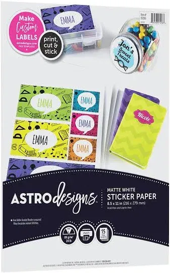 Astrobrights Astrodesigns Inkjet/Laser Sticker Paper Labels 8 1/2&#034; x 11&#034; Matte