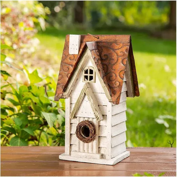 12&#034; H Washed White Distressed Solid Wood Cottage Birdhouse Hanging Bird House...