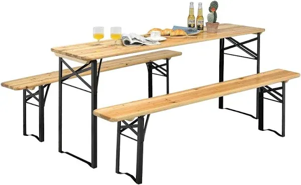 Costway 3 Pcs Folding Wooden Beer Table Bench Set