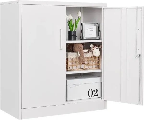 Metal Storage Cabinets with Lock, Small Garage Storage Cabinets with 2 Locking Doors and Adjustable Shelves for Home, Office, Warehouse, Garage (White)