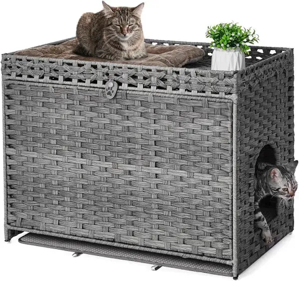 Cat Litter Box Enclosure with Soft Litter Mat; Hidden Washroom Furniture with Door; Handwoven Rattan Cat House with Large Space; Pet Crate for Living Room, Bedroom, Balcony (Grey)