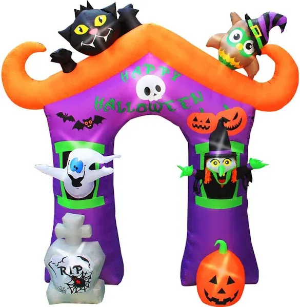 Haunted Hill Farm 9-ft. Inflatable Pre-Lit Arch with Ghost, Black Cat, and Pumpkin