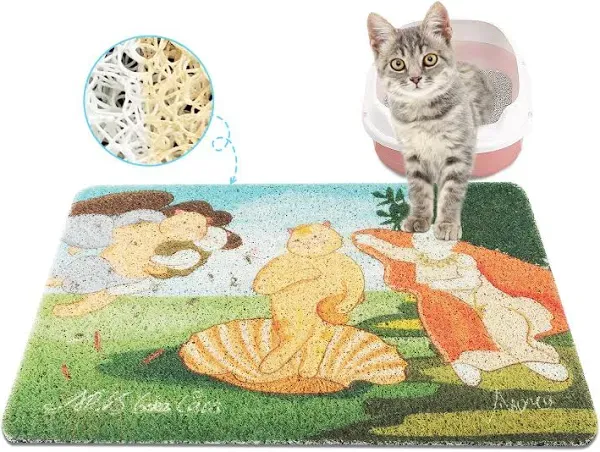 PAKEWAY Cat Litter Trapping Mat 16" x 24" Pet Food Feeding Mat, Easy to Clean Cat Mat Non Slip, Original Design Artist Cat Litter Mat Inspired by Famous Paintings