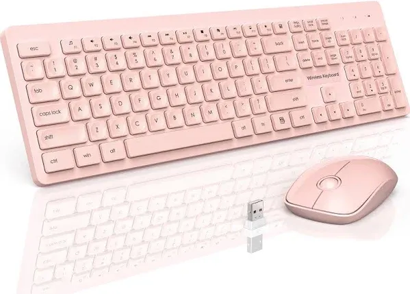 Wireless Keyboard and Mouse Set, 2.4GHz Ultra-Slim USB Keyboard and Mouse Wireless, Water-Dropping Keycaps, 12 Shortcuts, Keyboard Mouse Combo for PC Laptop Windows XP/7/8/10, Vista, Mac (Pink)