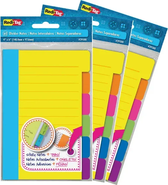 Redi-Tag, RTG10245, Assorted Tab Ruled Sticky Notes, 3 / Pack, Multicolor