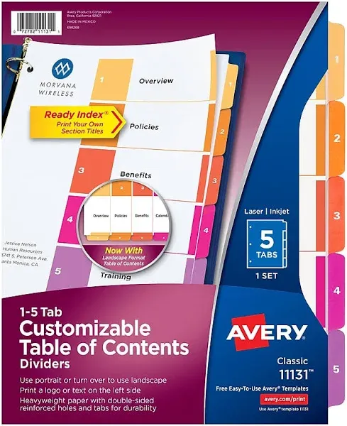 AVERY Index Tabs: 1 to 5 Tabs, 5 Tabs, Assorted, 8 1/2 in Overall Wd, 11 in Overall Ht, Paper