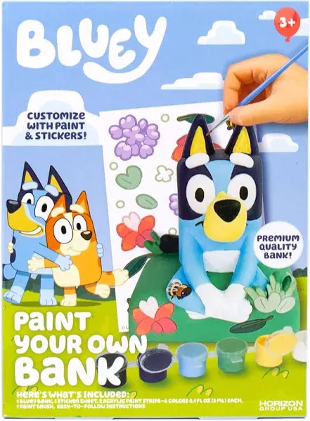 Bluey Paint Your Own Bank, Includes 6 Paints, Stickers, Vinyl Bank, Piggy Bank ...