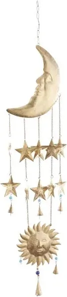 Deco 79 Metal Sun and Moon Windchime with Glass Beads and Cone Bells, 9" x 1" x 39", Gold