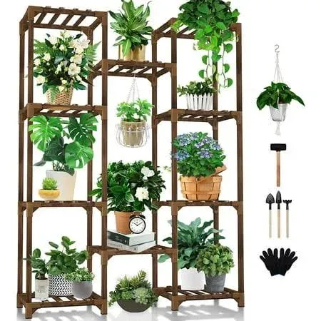 10 Tiers 11 Pot Large Rack Wood Holder Shelves - Brown