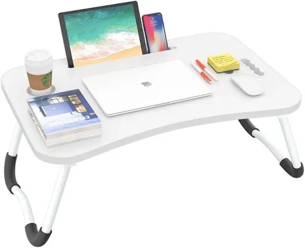 BUYIFY Folding Lap Desk, 23.6 inch Portable Wood Black Laptop Bed Desk Lap Desk with Cup Holder, for Working Reading Writing, Eating, Watching