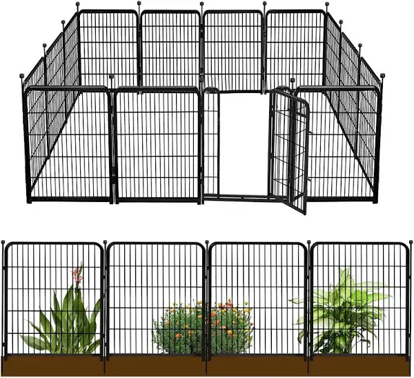 Getlay 24in(H) Decorative Garden Fence with Gate, 8 Panels Total 16ft(L) Heavy Duty Iron Animal Barrier Fence for Yard,Suitable for Indoor Pet Fence