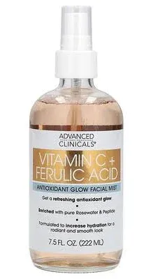 Advanced Clinicals Brume de visage à la vitamine C W/acide ferulic & eau de rose, spray anti-oxydant pour le visage, rafraîchissement de la peau, hydratant et hydratant instantané, grand 8 oz