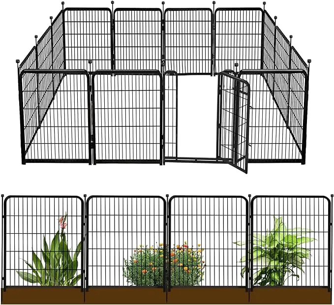 Getlay 24in(H) Decorative Garden Fence with Gate, 8 Panels Total 16ft(L) Heavy Duty Iron Animal Barrier Fence for Yard,Suitable for Indoor Pet Fence