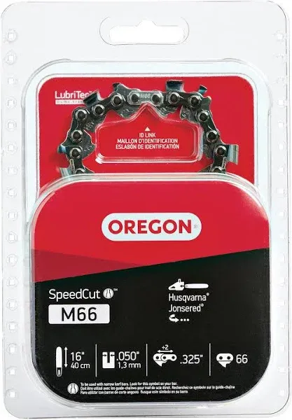 Oregon M66 SpeedCut Chainsaw Chain for 16-Inch Bars, .325-Inch Pitch, 66 Drive Links, .050-Inch Gauge, Replacement Low-Kickback Chainsaw Blade, fits Many Husqvarna & Jonsered Models (95TXL066G)