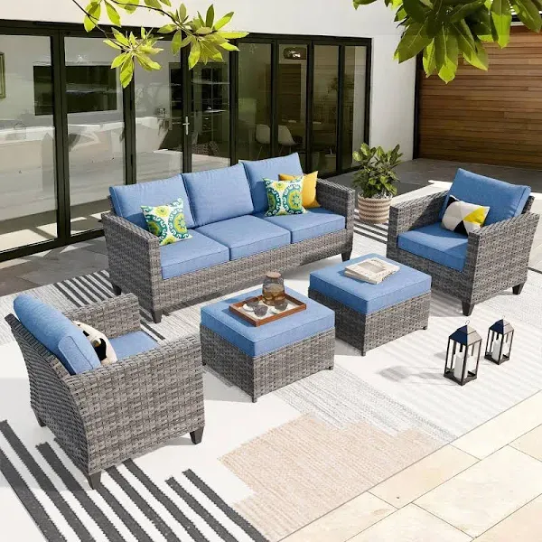 Ovios 5 Pieces Outdoor Wicker Rattan Sofa Couch with Chairs, Ottomans, and Comfy