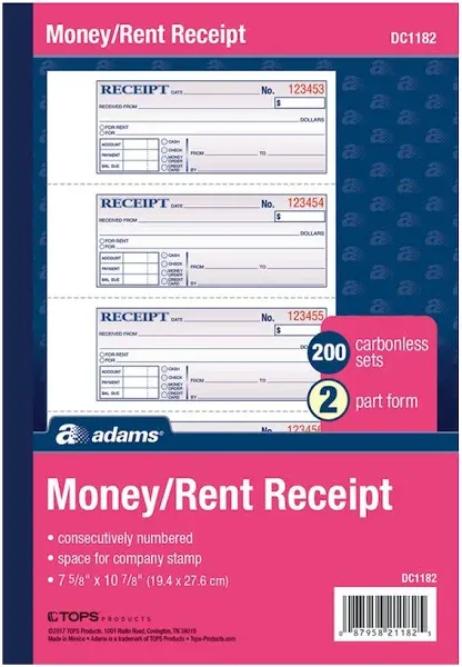 Adams Money and Rent Receipt Book, 2-Part, Carbonless, White/Canary, 7-5/8" x 10-7/8", Bound Wraparound Cover, 200 Sets per Book, 4 Receipts per Page (DC1182),2 Pack