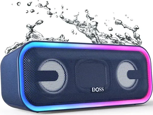 DOSS Bluetooth Speaker, SoundBox Pro+ Wireless Bluetooth Speaker with 24W Impressive Sound, Booming Bass, IPX6 Waterproof, 15Hrs Playtime, Wireless Stereo Pairing, Mixed Colors Lights, 66 FT - Blue