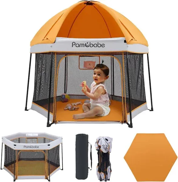 Pamo Babe Portable Playpen with Canopy and Mattress Outdoor and Indoor 54" Baby Playard for Babies and Toddlers Foldable Play Yard with Zipper Gate