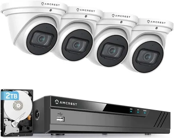 Amcrest 4K POE Security Camera System with 4K 8Ch PoE NVR (4) x 4K (8 Megapixel) Turret IP POE Cameras (3840x2160) Pre Installed 2TB Hard Drive NV4108E-IP8M-T2599EW4-2TB