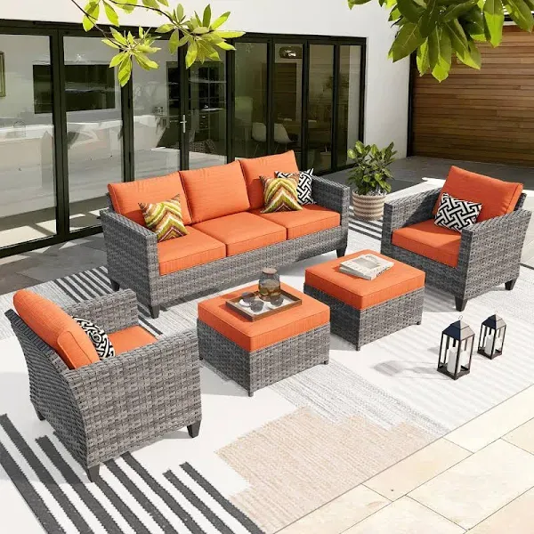 ovios Patio Furniture Set, 5 Pieces Outdoor Wicker Rattan Sofa Couch with Chairs, Ottomans and Comfy Cushions, All Weather High Back Conversation Set Garden Backyard, Orange Red