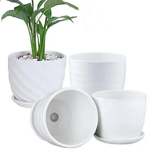 Plant Pots - 4.7 Inch Cylinder Ceramic Planters with Connected Saucer, Pots 