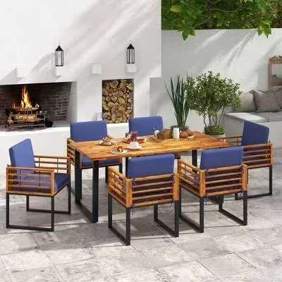 7pcs Patio Acacia Wood Dining Chair & Table Set Heavy-Duty Space-Saving Outdoor