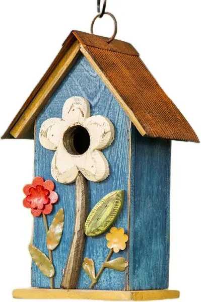 Glitzhome Distressed Solid Wood Birdhouse with 3D Flowers