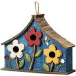 Glitzhome Distressed Solid Wood Birdhouse with Flower - Yellow