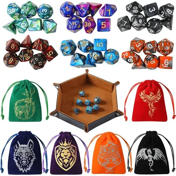 DND Dice Set 42 Pcs Polyhedral Dungeons and Dragons Rolling Dice for D&D RPG MTG Table Games Dice Bulk with Colorful Drawstring Bags and Dice Tray (Single)