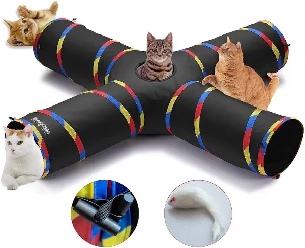 4 Way Large Cat Tunnels for Indoor Cats - 10" Diameter & 47" Long Cat Play Tunnel Toy - Cat Tube with Play Ball & Mouse Toy - Durable Interactive Peephole (Black)