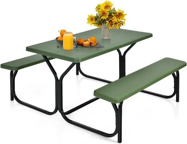 HDPE Rectangular Patio Picnic Table Bench Set Camping Dining Seat W/ Metal Base