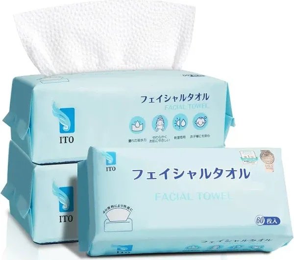 ITO Disposable Face Towel, 60 Count Ultra-Soft 1-Second Quick-Dry Face Towels, Gentle for Sensitive Dry Oily Skin, Facial Towels for Daily Cleansing Makeup Removal (1 Pack)