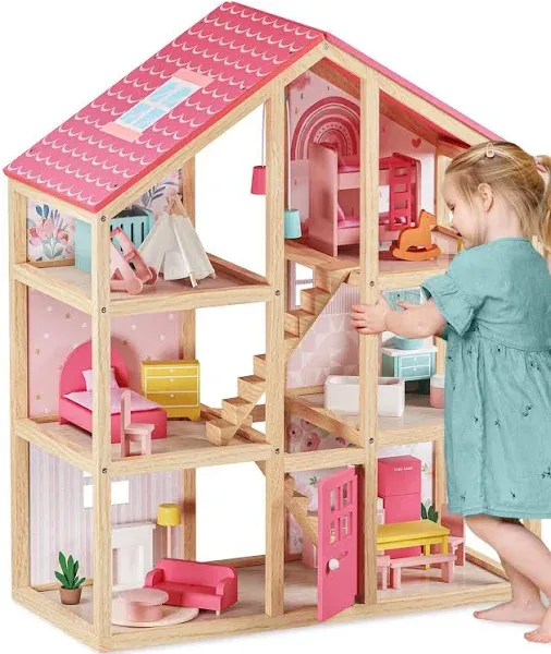 Tiny Land Wooden Dollhouse for Girls 3-Level Kids