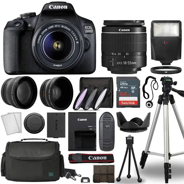 Canon Cameras EOS 2000D / Rebel T7 Digital SLR Camera Body w/Canon EF-S 18-55mm f/3.5-5.6 Lens 3 DSLR Kit Bundled with Complete Accessory Bundle+ 64GB+ Flash+ More - International Model (Renewed)