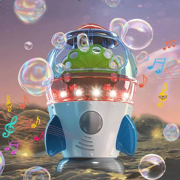 MAKE KIDS SMILE BUBBLE FUN Bubble Machine Automatic 360° Rotatable Rocket Bubble Blower Machine with 2 Fans Lights Music for Kids Toddlers 1-3 Bubble Maker Machine for Indoor