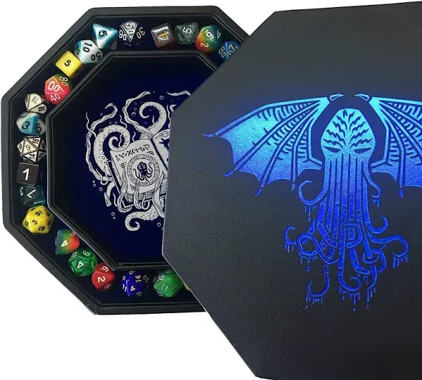 Fantasydice-Cthulhu Tome-Blue- Dice Tray - 8" Octagon with Lid and Dice Staging