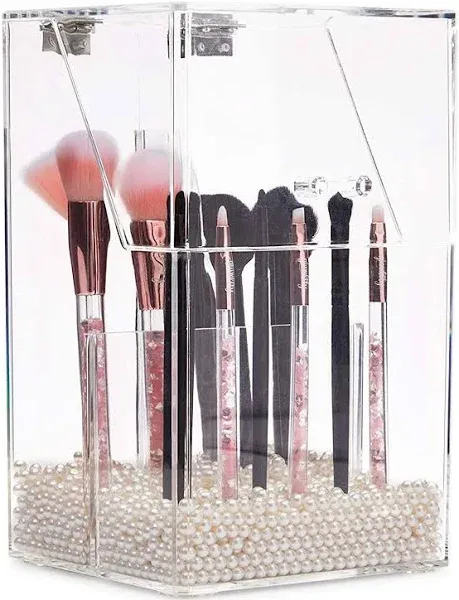  Acrylic Clear Makeup Brush Holder with Lid and Pearls, Cosmetic Storage 