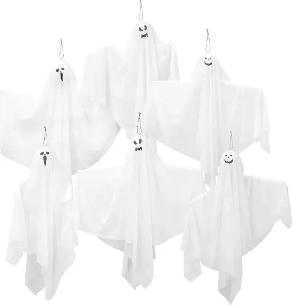 GoosWexmzl 6 Pack Halloween Hanging Ghosts 27.6 Inch Flying Ghost for Halloween Outdoor Decorations Front Yard Porch Patio Lawn Garden Trees Party Décor and